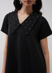 Flap Collar Dress With Embellished Pearls Black