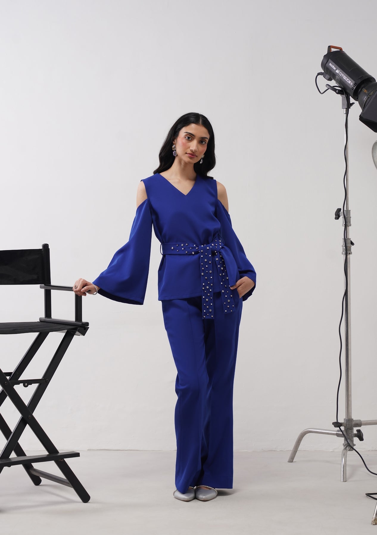 Cold Shoulder Co-ord Set With Rhinestone Belt Electric Blue