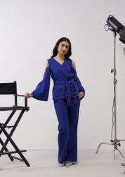 Cold Shoulder Co-ord Set With Rhinestone Belt Electric Blue