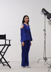Cold Shoulder Co-ord Set With Rhinestone Belt Electric Blue