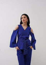 Cold Shoulder Co-ord Set With Rhinestone Belt Electric Blue