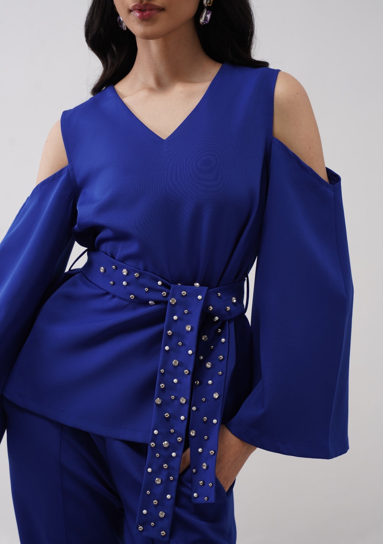 Cold Shoulder Co-ord Set With Rhinestone Belt Electric Blue