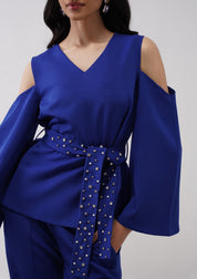 Cold Shoulder Co-ord Set With Rhinestone Belt Electric Blue