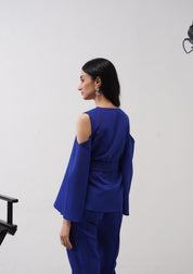 Cold Shoulder Co-ord Set With Rhinestone Belt Electric Blue