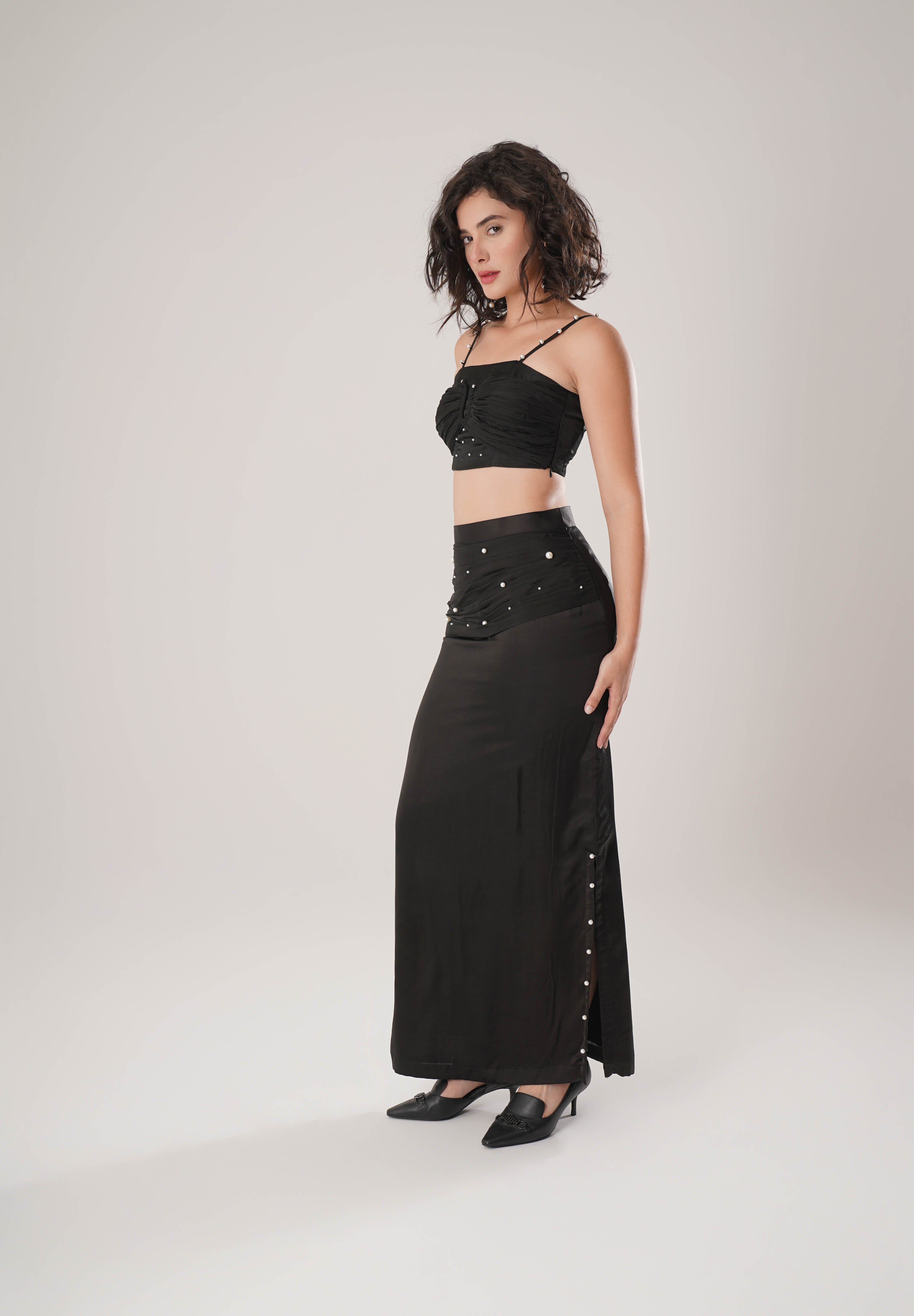 Black Trench & Long Skirt & Black Bustier