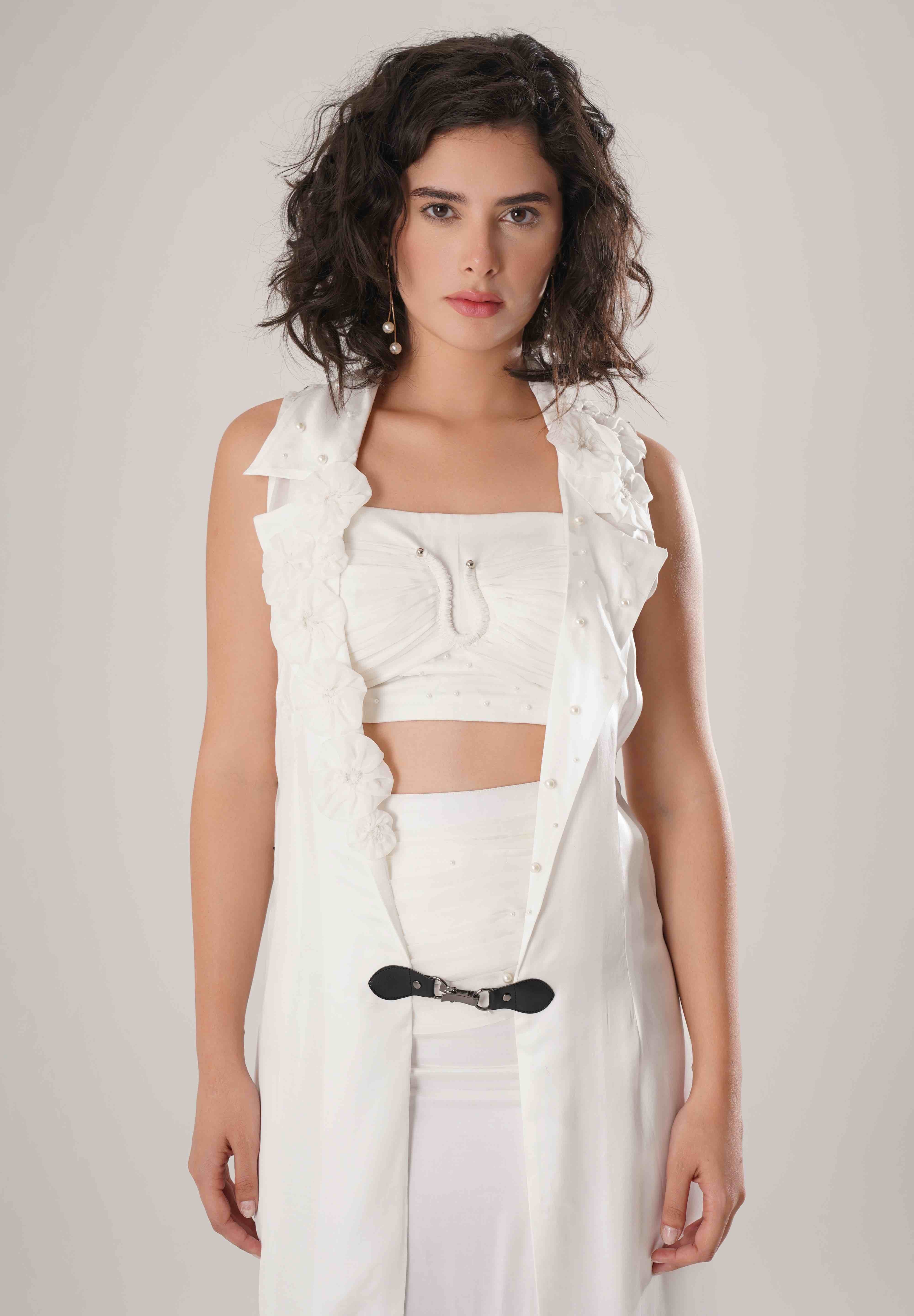 White Trench & Long Skirt & White Bustier