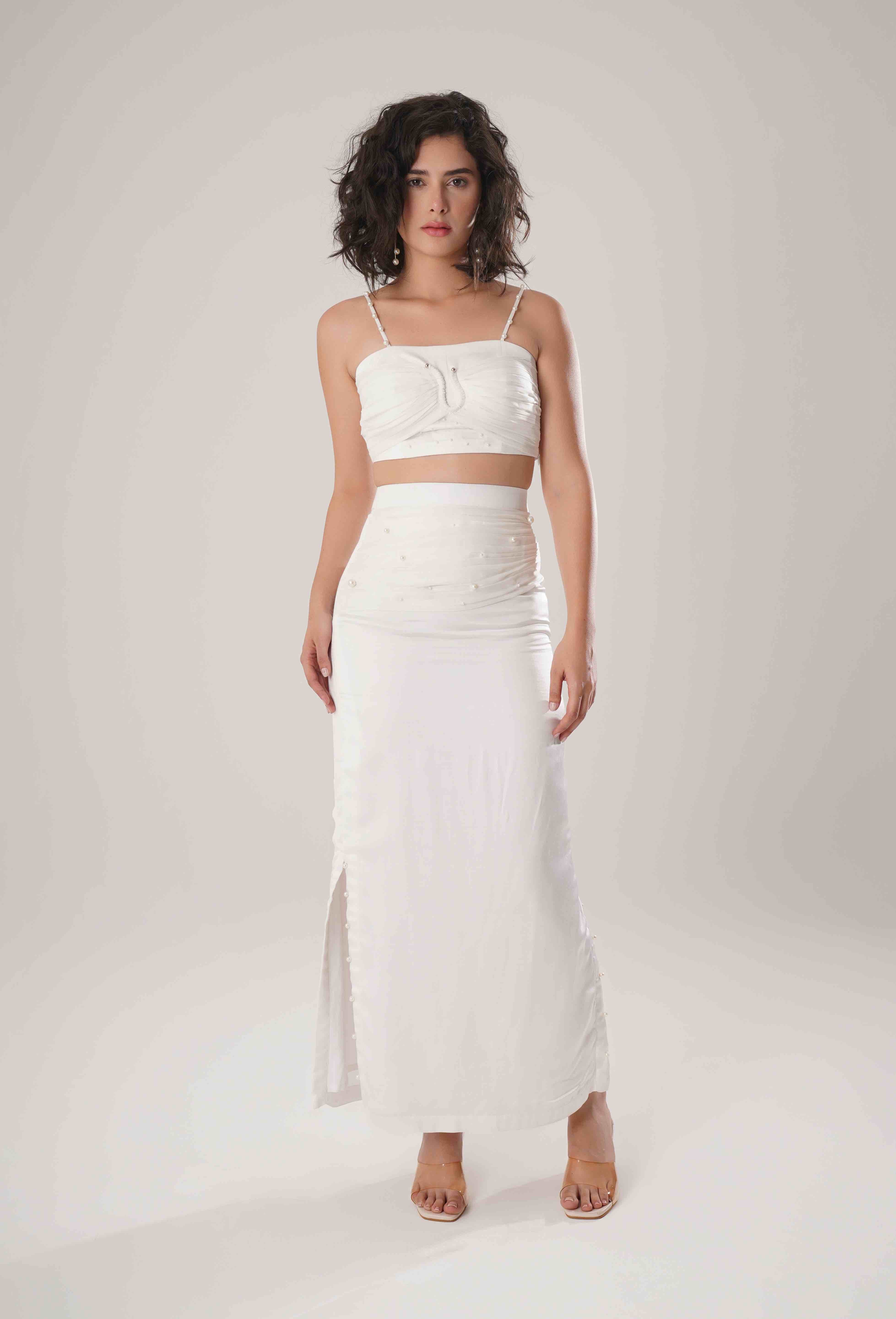 White Trench & Long Skirt & White Bustier