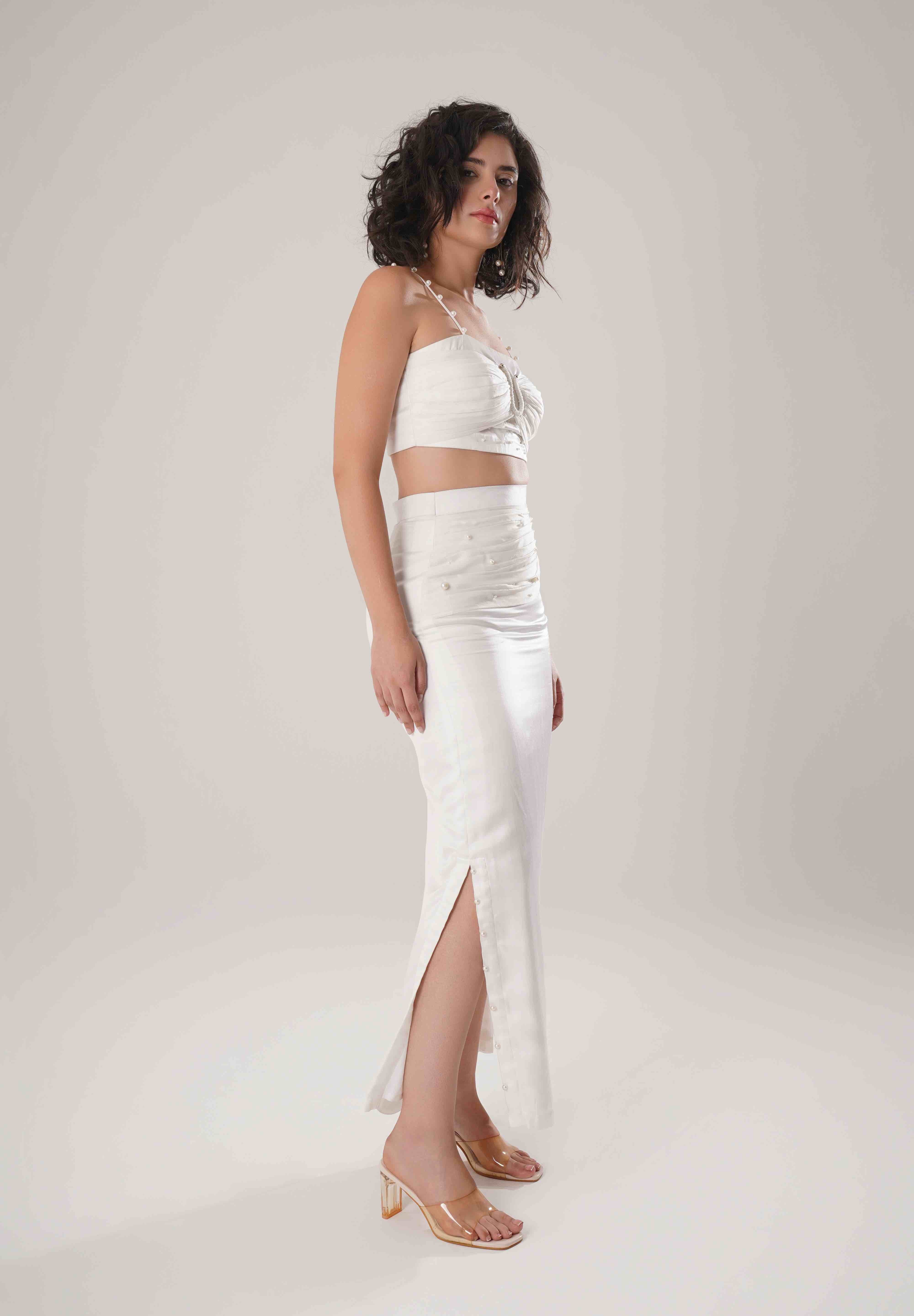 White Trench & Long Skirt & White Bustier