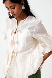 Ivory Toni Set Multi Knot Peplum Top with Slip & Pine Green Pants