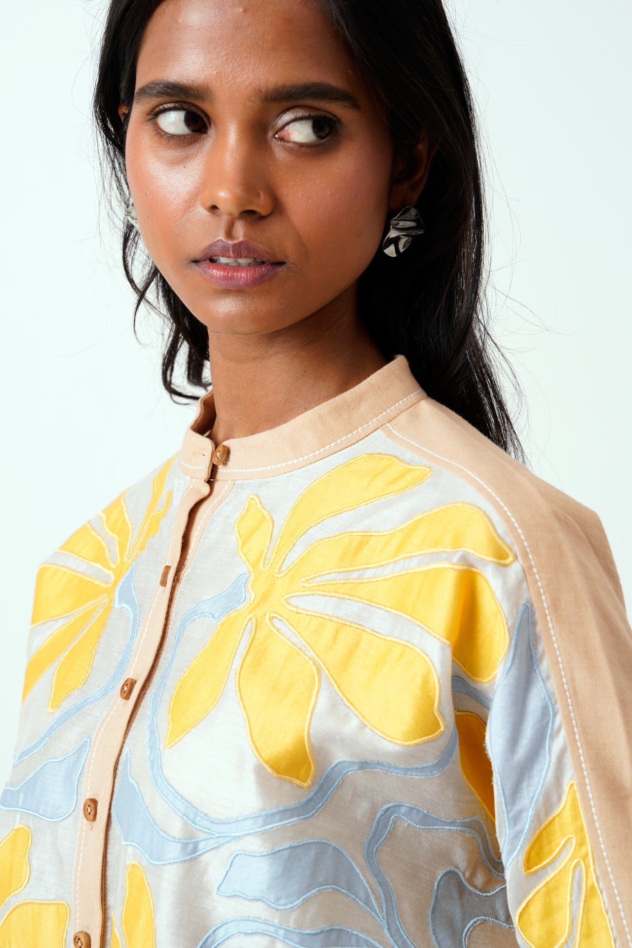 Bask & Pete Latte Panel Appliqued Top & White Pleated Pants