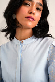 Ice Blue Oba Set Embroidered Sleeve Top & Pants