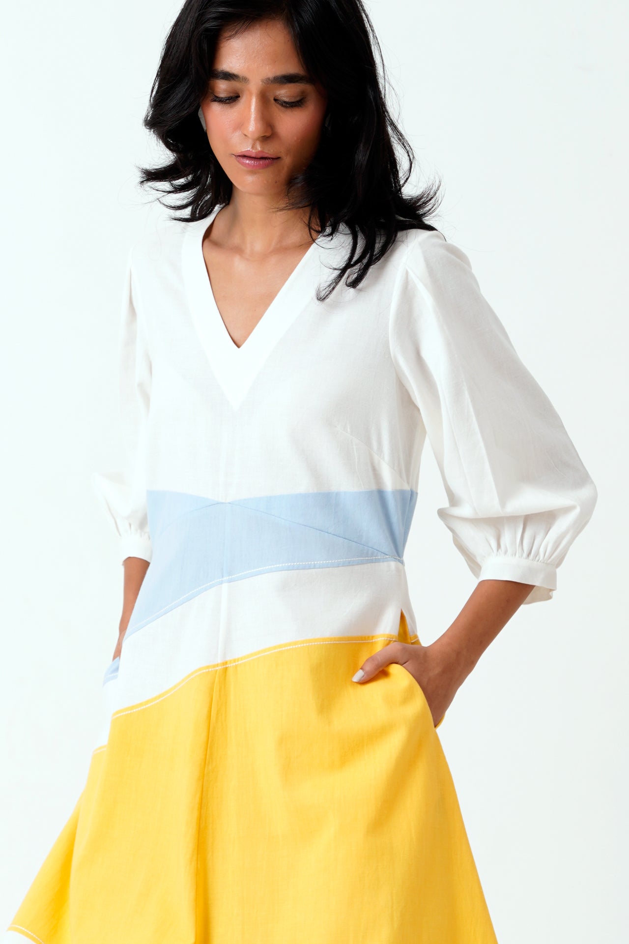 Sahar Multi Panelled Long Dress with Belt