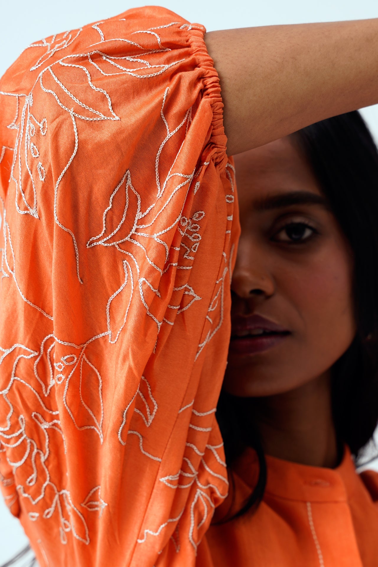 Sunset Orange Oba Set Embroidered Sleeve Top & Pants