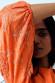 Sunset Orange Oba Set Embroidered Sleeve Top & Pants