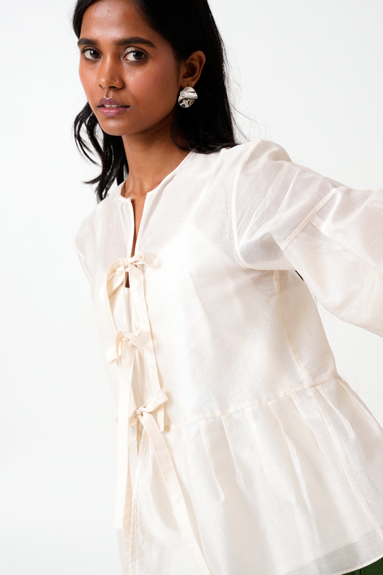 Ivory Toni Set Multi Knot Peplum Top with Slip & Pine Green Pants