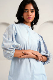 Ice Blue Oba Set Embroidered Sleeve Top & Pants