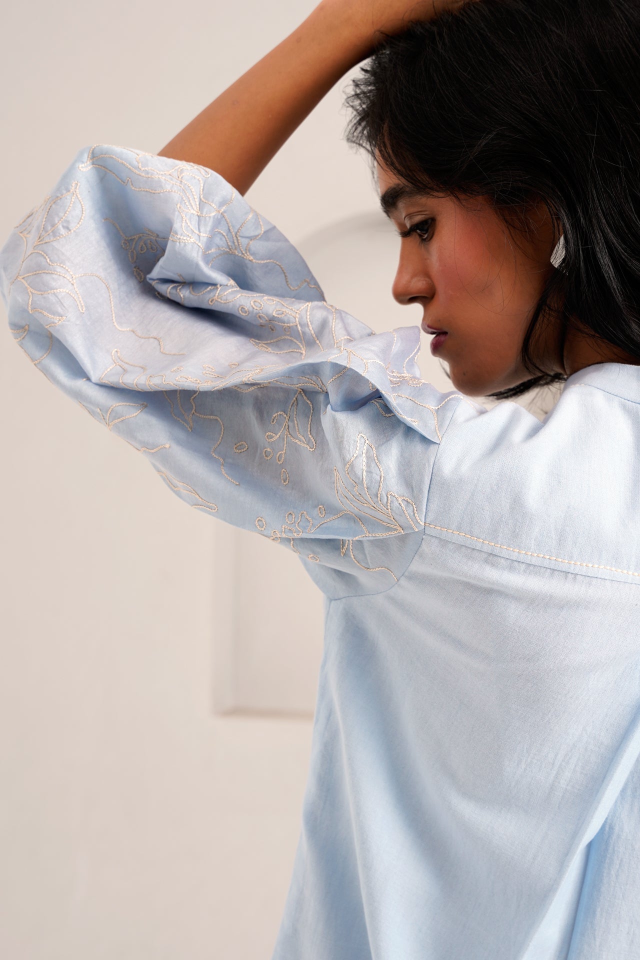 Ice Blue Oba Set Embroidered Sleeve Top & Pants