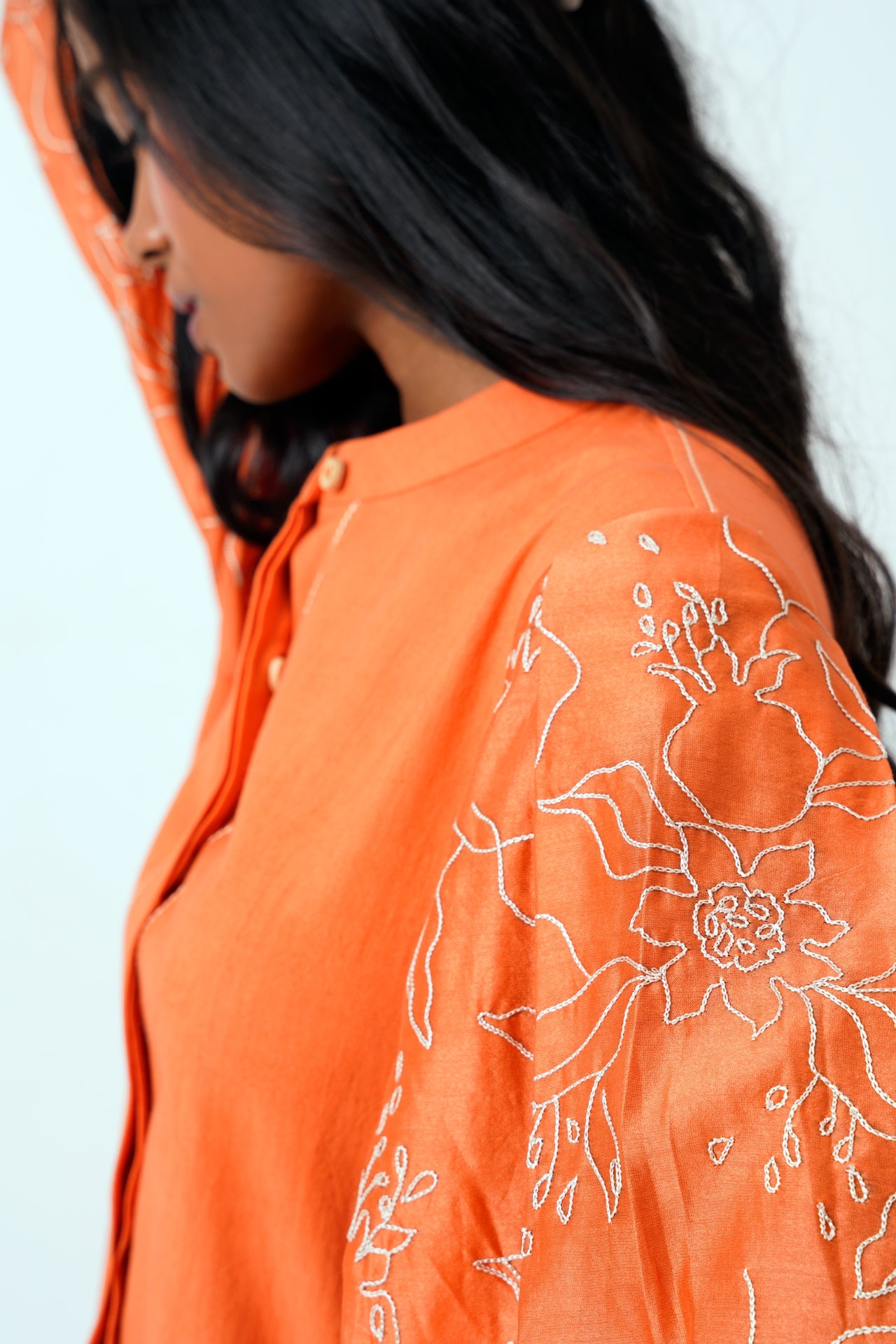 Sunset Orange Oba Set Embroidered Sleeve Top & Pants