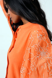 Sunset Orange Oba Set Embroidered Sleeve Top & Pants