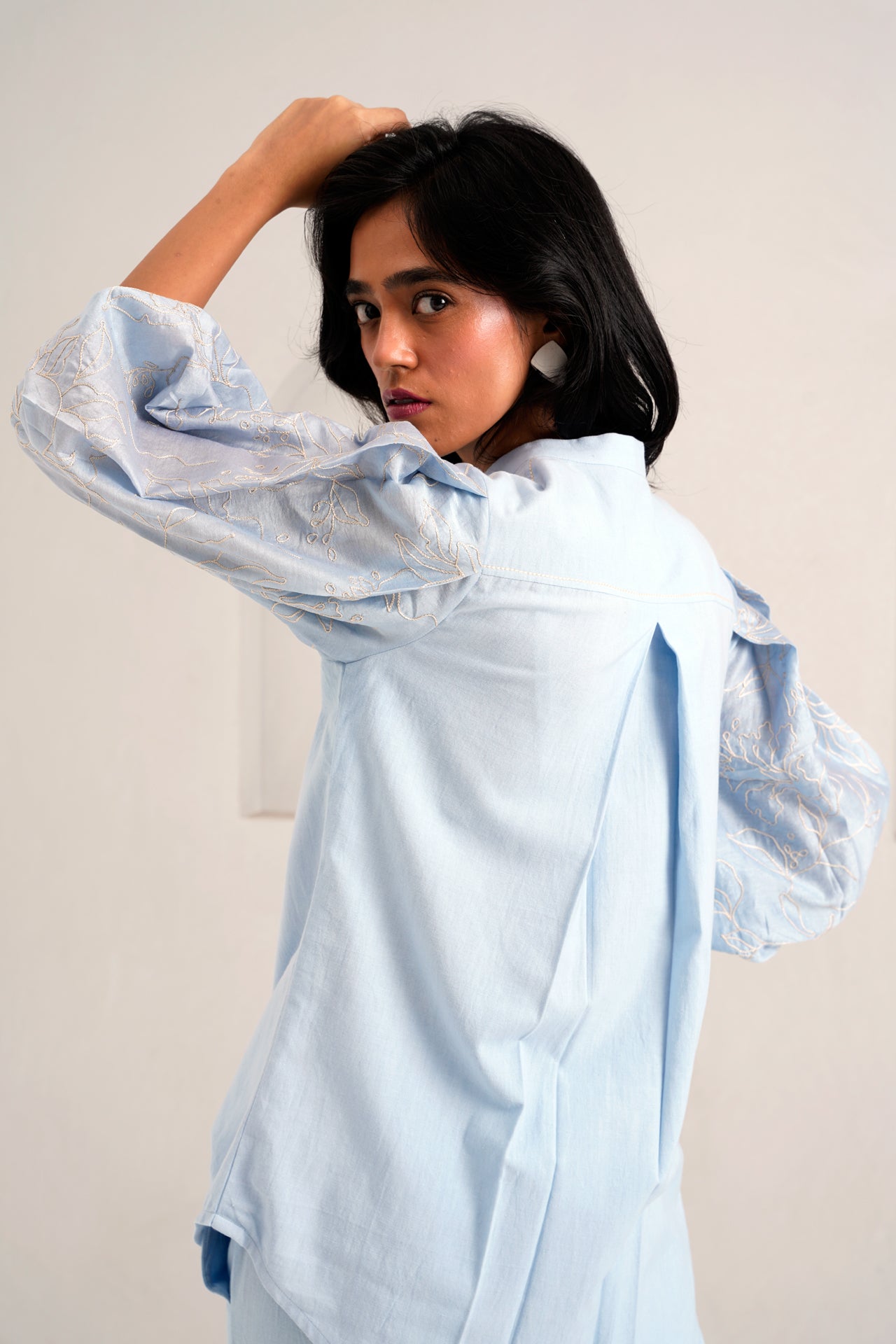Ice Blue Oba Set Embroidered Sleeve Top & Pants