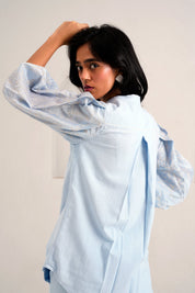Ice Blue Oba Set Embroidered Sleeve Top & Pants