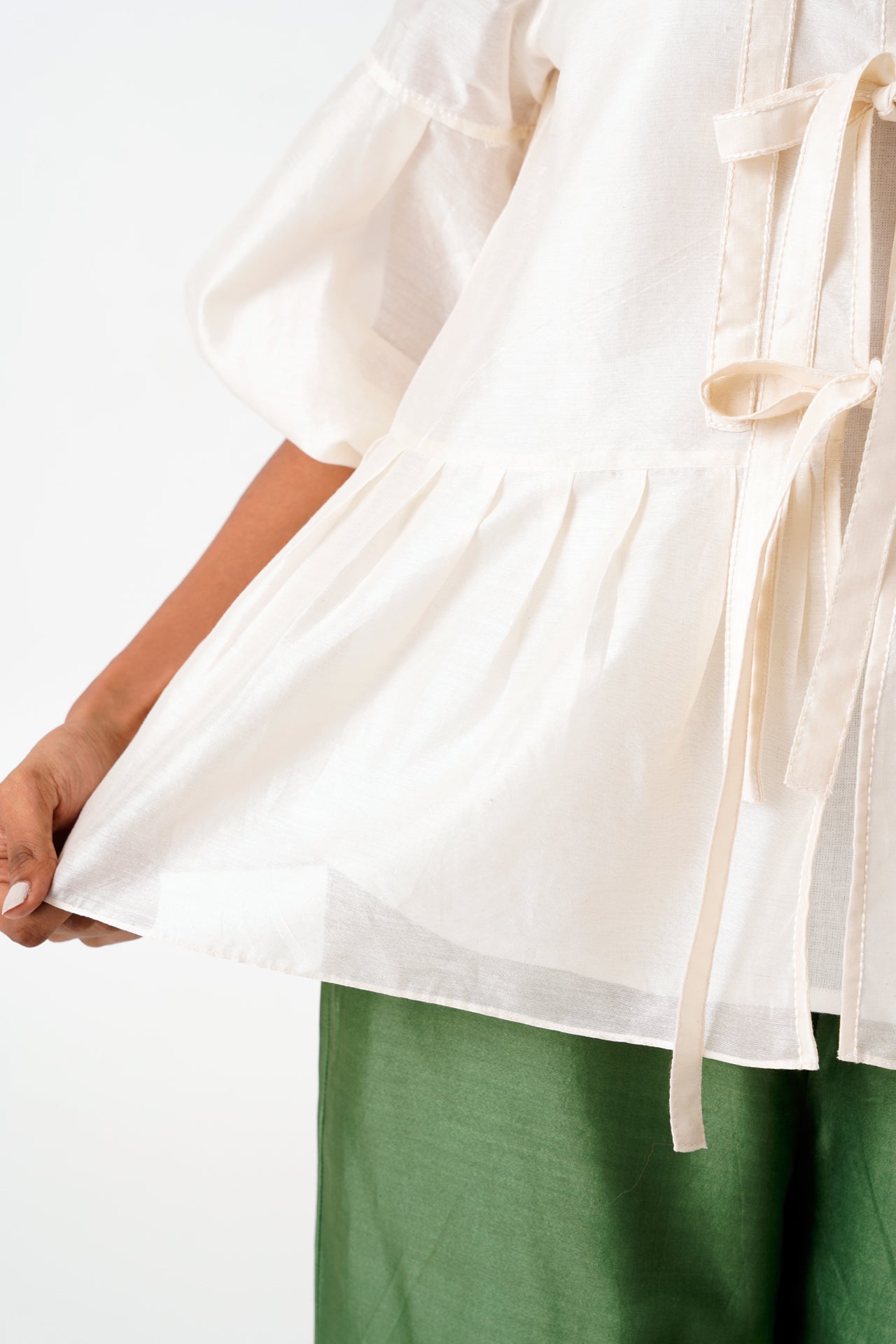 Ivory Toni Set Multi Knot Peplum Top with Slip & Pine Green Pants