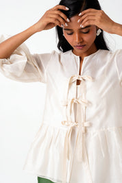 Ivory Toni Set Multi Knot Peplum Top with Slip & Pine Green Pants