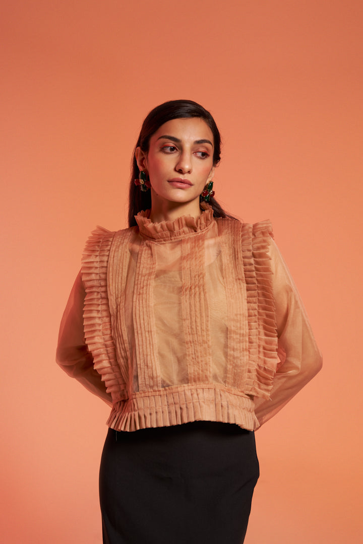 Beige Organza Pleated Top