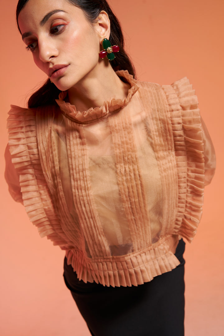 Beige Organza Pleated Top