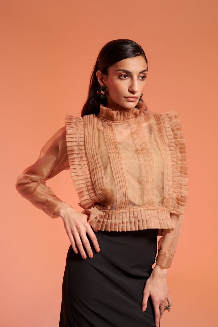 Beige Organza Pleated Top