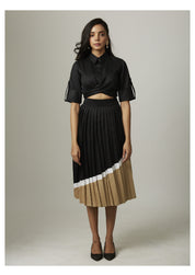 Crop Knotted Top With Colour Block Pleated Skirt