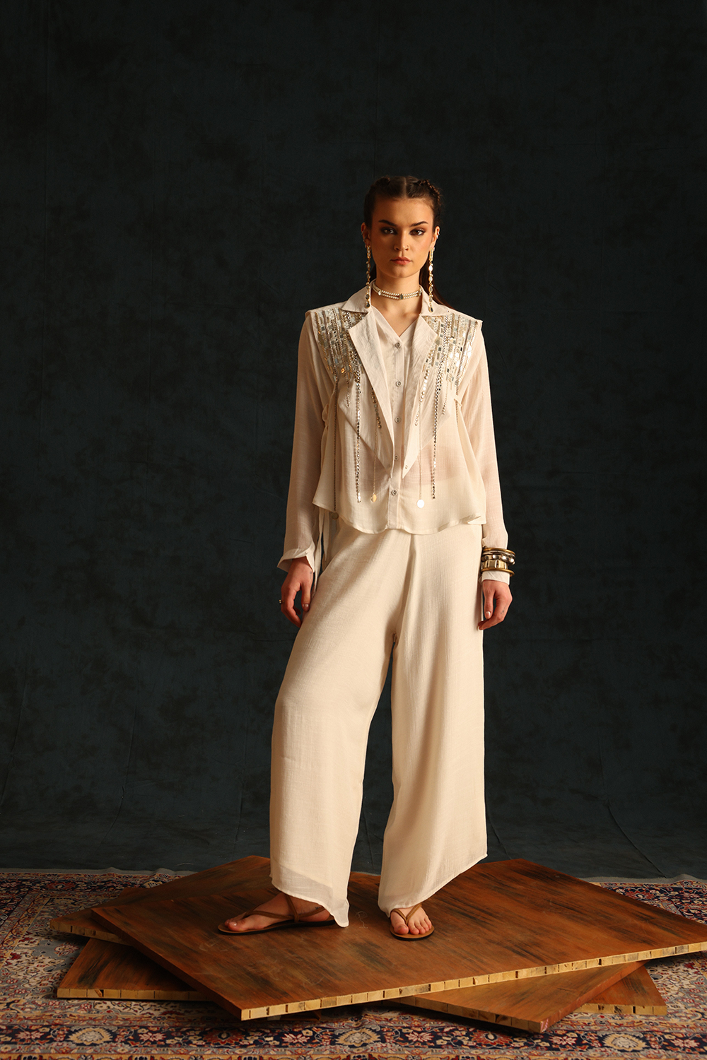 Chinese Collar Shirt Set With A Cape Blazer Waistcoat