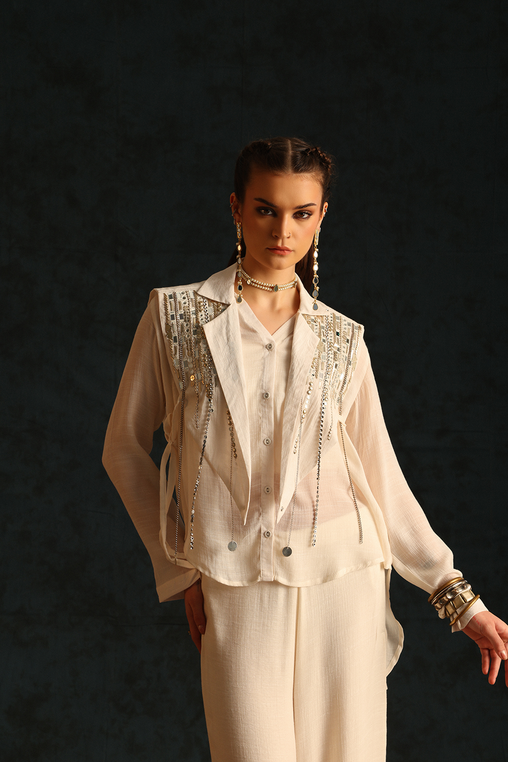 Assymetric Shirt Set With A Cape Blazer Waistcoat