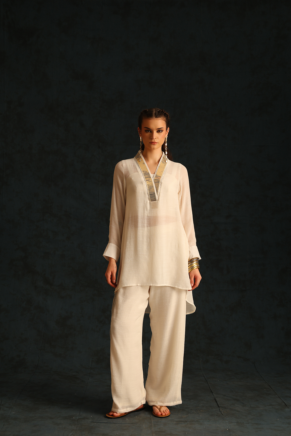 Overlap Collar Foil Tunic Set