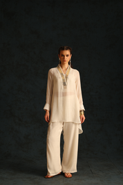 Overlap Collar Foil Tunic Set