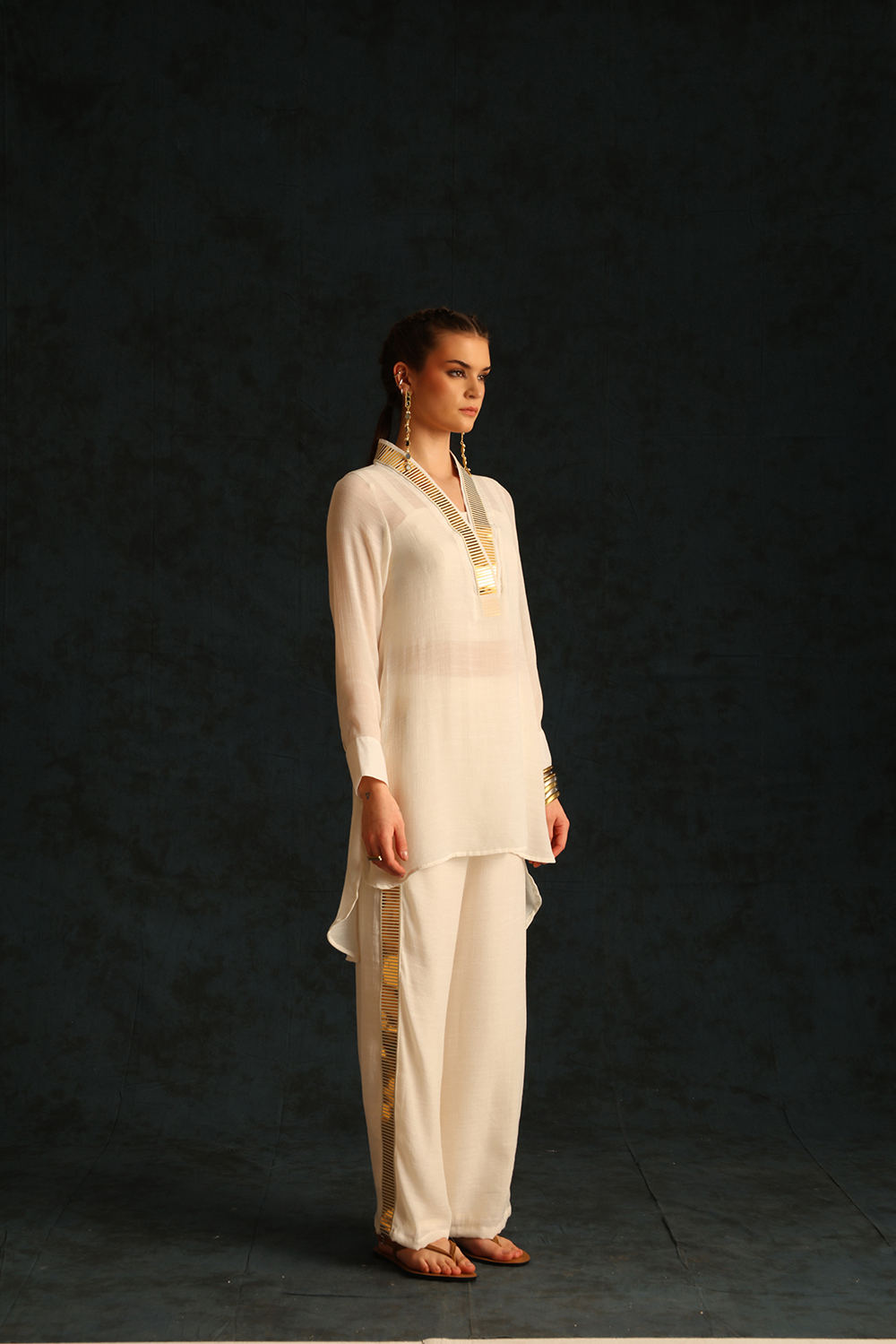 Overlap Collar Foil Tunic Set