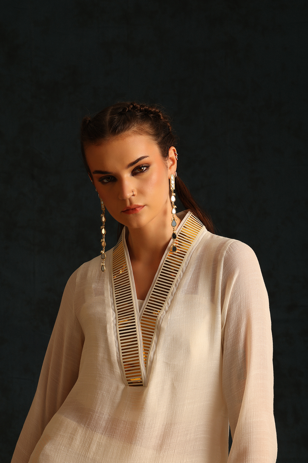 Overlap Collar Foil Tunic Set