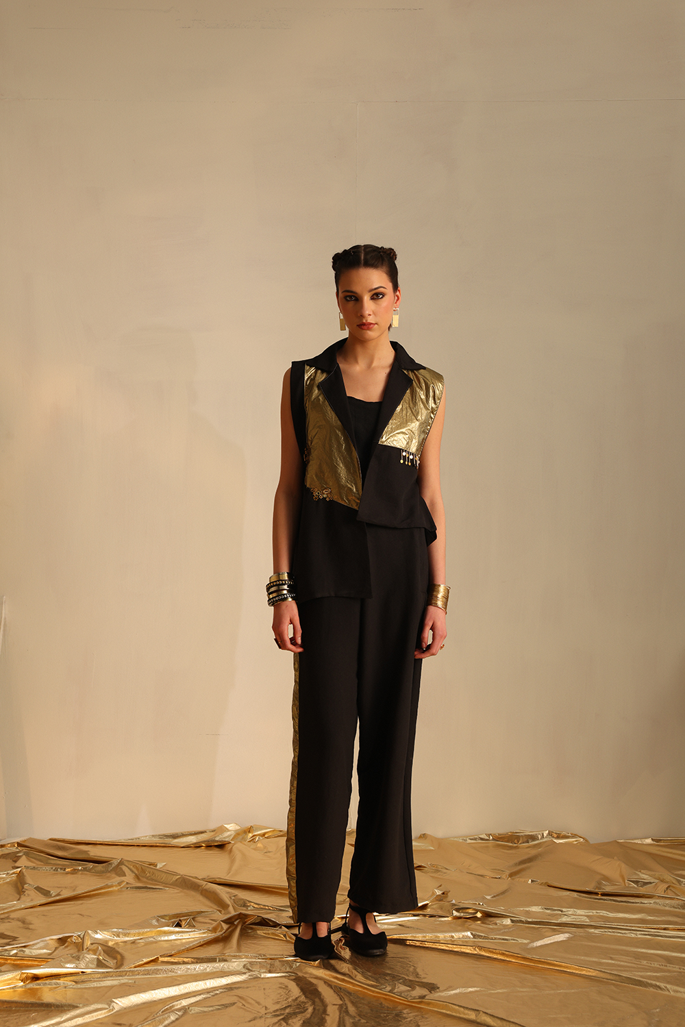 Black Long And Short Foil Blazer Set