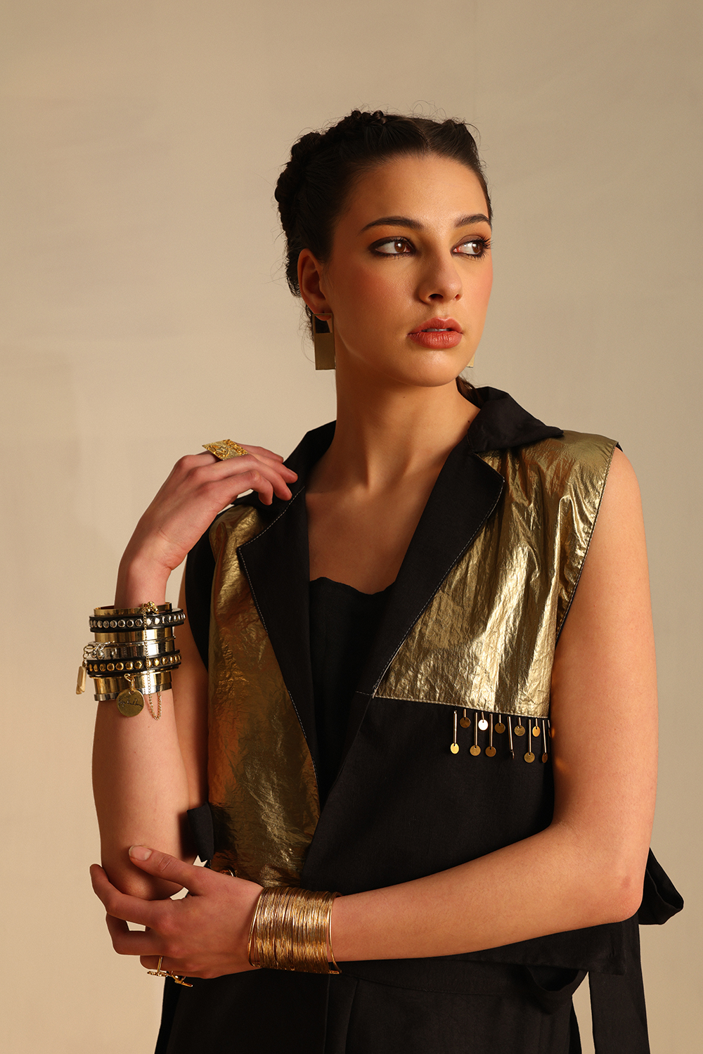 Black Long And Short Foil Blazer Set