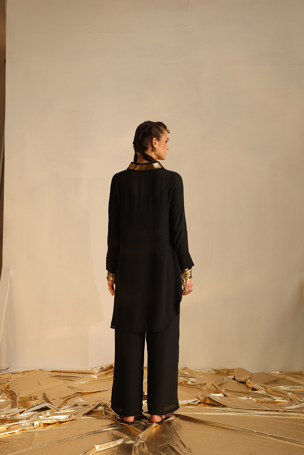 Overlap Collar Foil Tunic Set