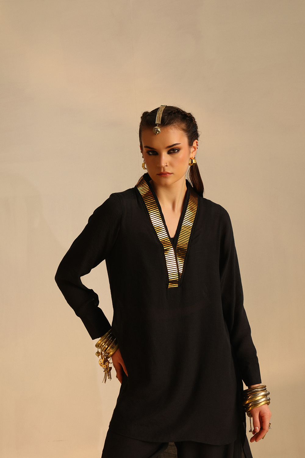 Overlap Collar Foil Tunic Set