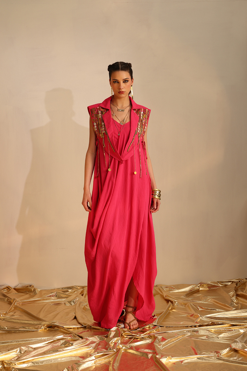 Cowl Dress With A Cape Blazer Waistcoat