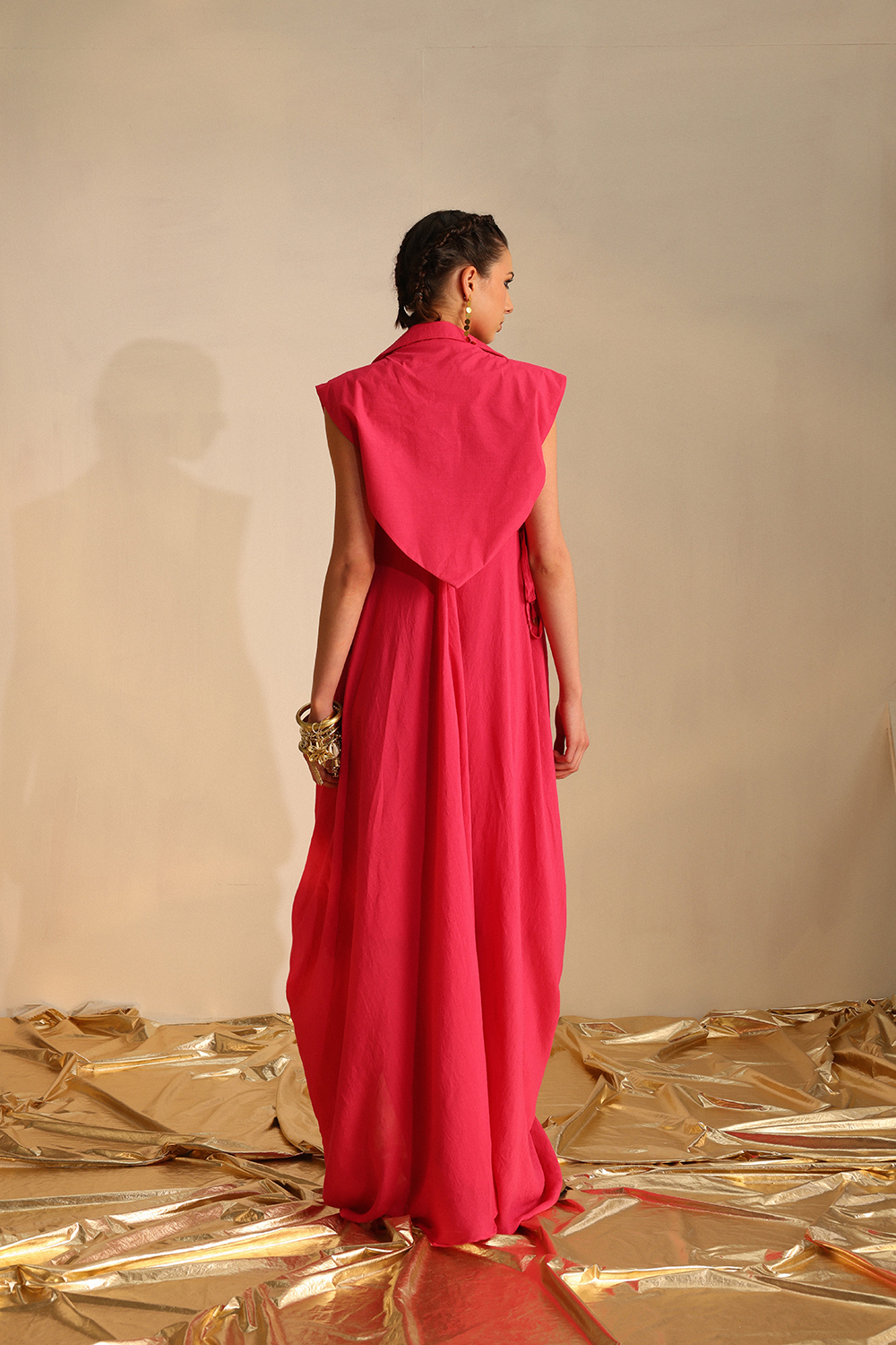 Cowl Dress With A Cape Blazer Waistcoat