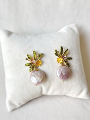 Flowerburst Coin Pearl Drop Studs
