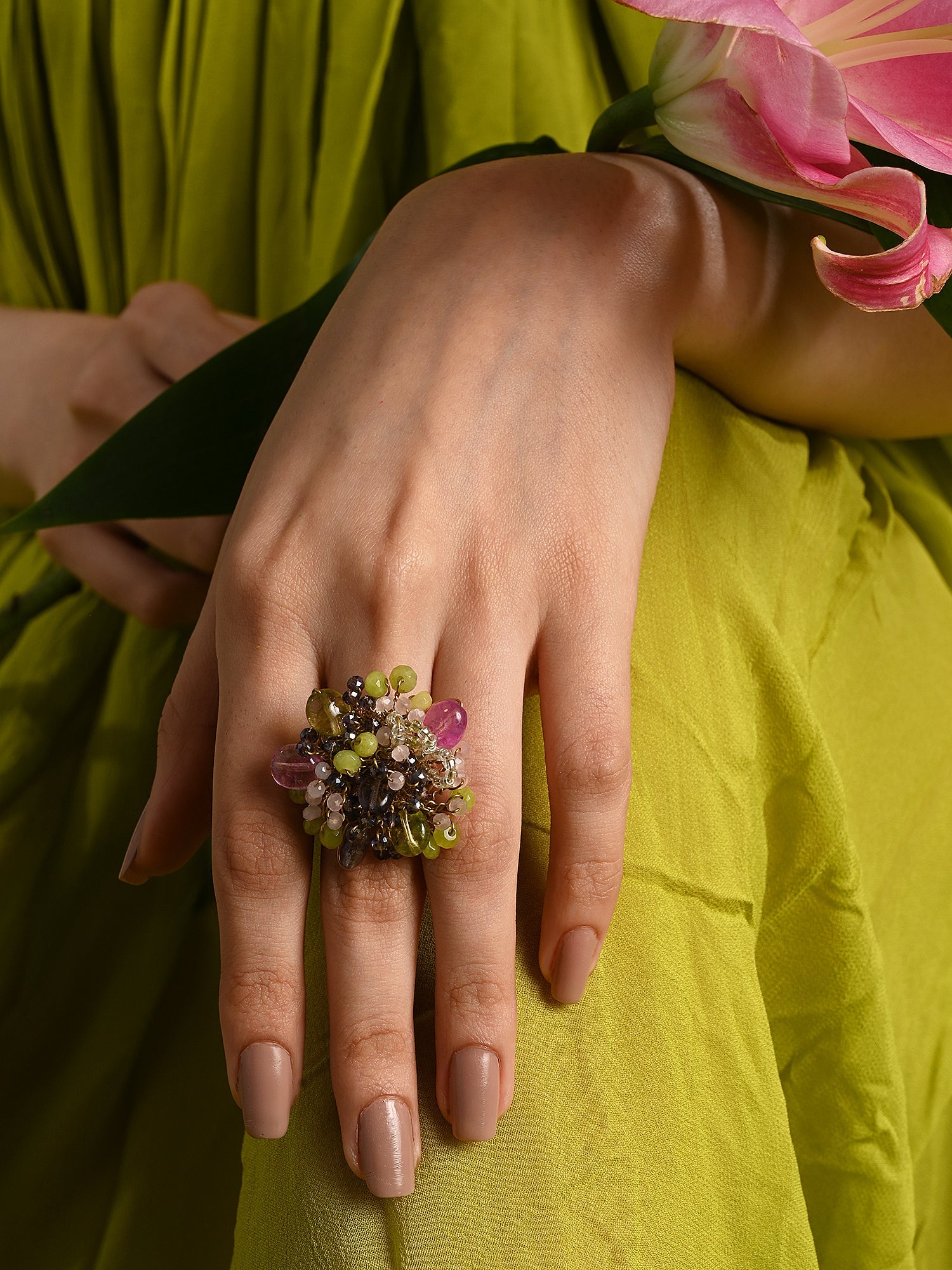 Colourful Stone Haldi Mehendi Wedding Adjustable Ring