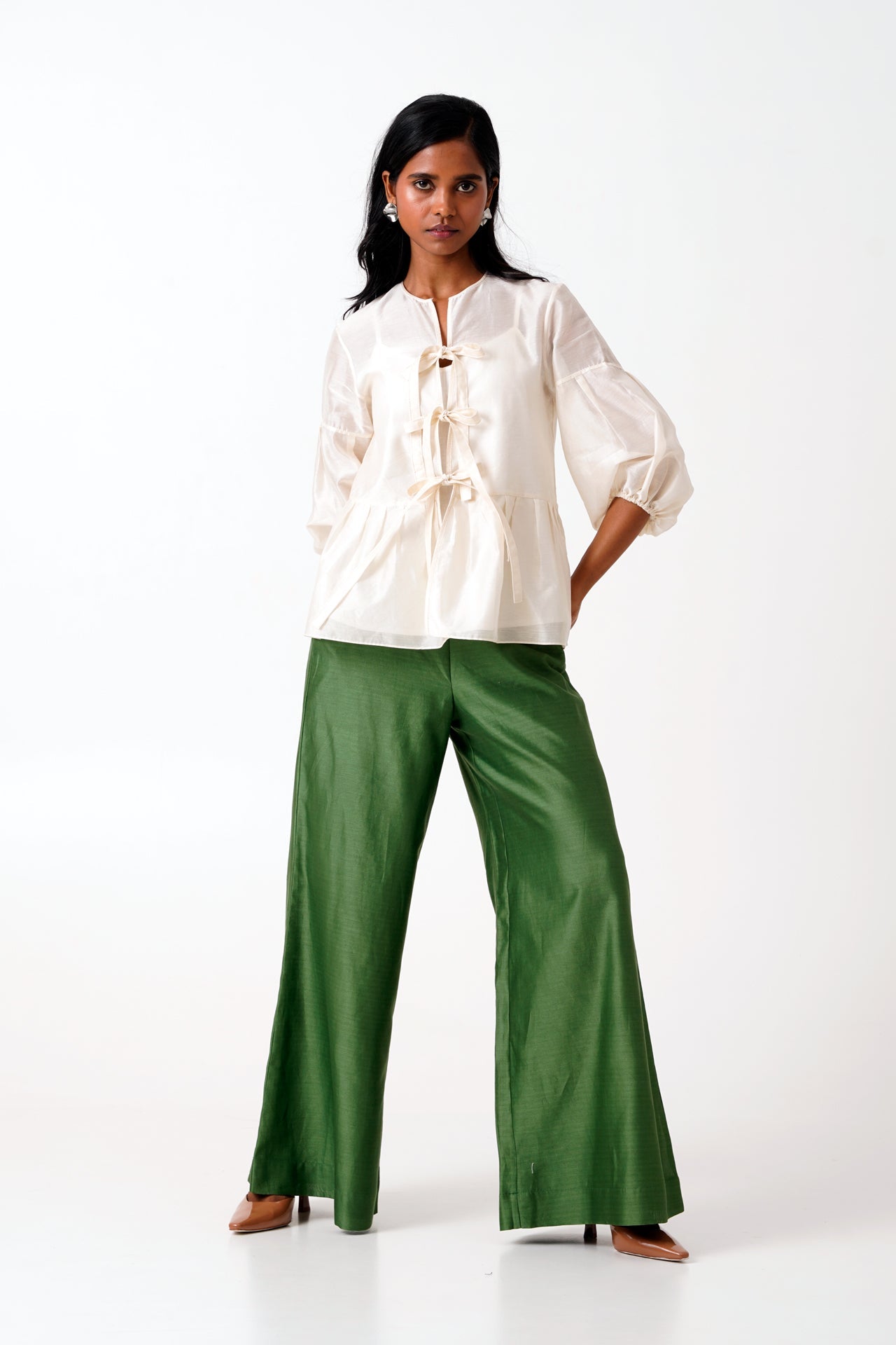 Ivory Toni Set Multi Knot Peplum Top with Slip & Pine Green Pants