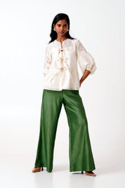 Ivory Toni Set Multi Knot Peplum Top with Slip & Pine Green Pants