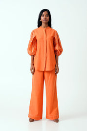 Sunset Orange Oba Set Embroidered Sleeve Top & Pants