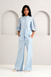 Ice Blue Oba Set Embroidered Sleeve Top & Pants