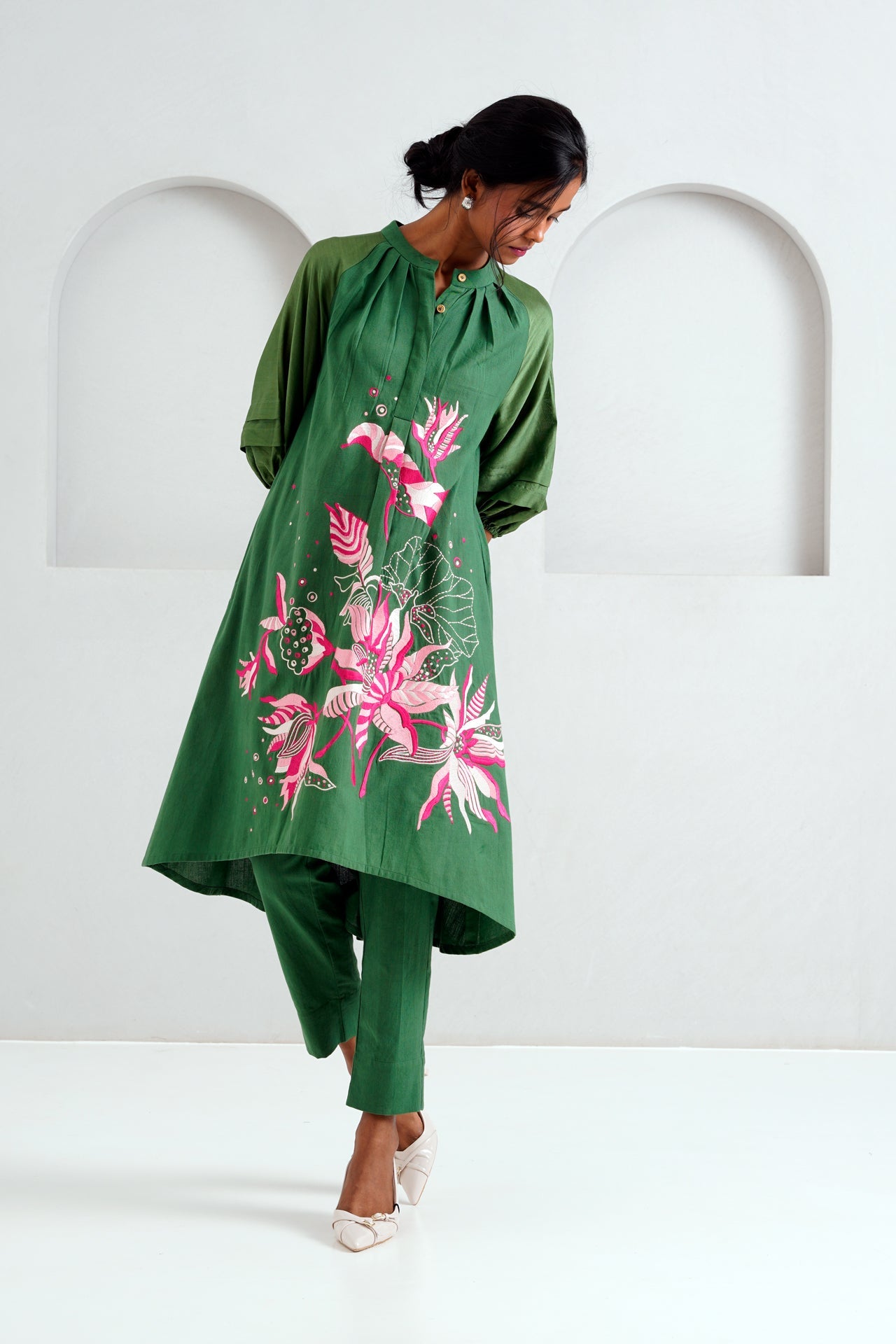 Pine Green Suvi Set  Embroidered Tunic & Pants